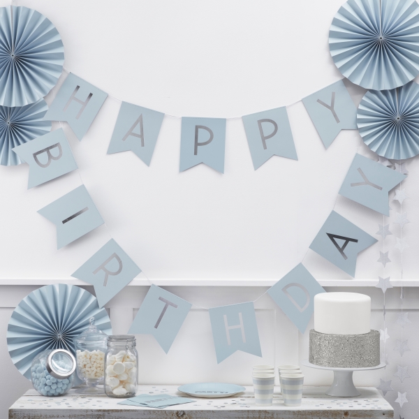 Bunting - Happy Birthday - Light Blue/Silver